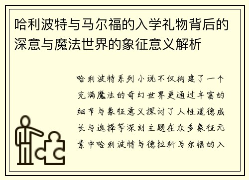 哈利波特与马尔福的入学礼物背后的深意与魔法世界的象征意义解析